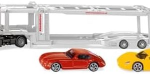 Siku 3944 MAN Autotransporter 1:50 mit 2 Spielzeug-Autos, abnehmbarer Anhänger & absenkbarer Plattform - perfektes Spiel