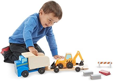 Melissa & Doug - Holz Autotransporter Set mit Kran und 6 Autos, Ideal für Kinder ab 3 Jahren