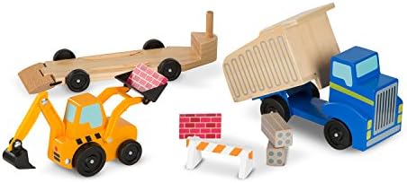 Melissa & Doug - Holz Autotransporter Set mit Kran und 6 Autos, Ideal für Kinder ab 3 Jahren