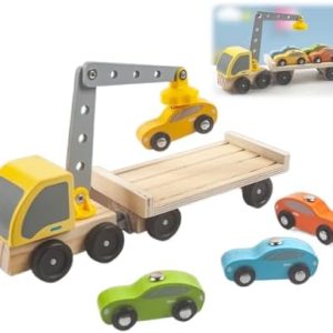 Holz Autotransporter mit 4 Magnet-Autos – Kranwagen & Abschleppwagen Spielzeug für Kinder ab 1 Jahr, ideales Geschenk fü