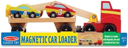 Melissa & Doug - Holz Autotransporter Set mit Kran und 6 Autos, Ideal für Kinder ab 3 Jahren