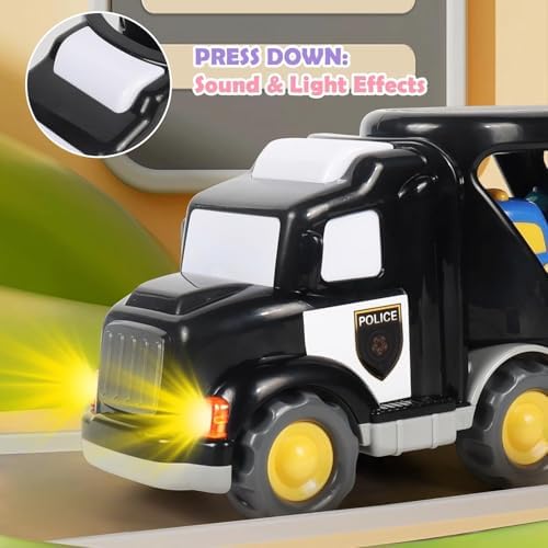 LKW Spielzeug Transporter für Kinder ab 3 Jahren – 5-in-1 Set mit Licht, Sound & 4 Mini Rennwagen für Fahrspaß unterwegs