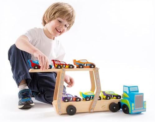 Melissa & Doug - Holz Autotransporter Set mit Kran und 6 Autos, Ideal für Kinder ab 3 Jahren