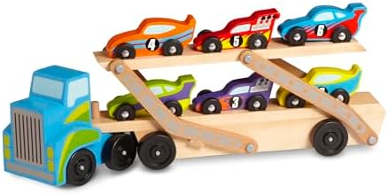 Melissa & Doug - Holz Autotransporter Set mit Kran und 6 Autos, Ideal für Kinder ab 3 Jahren
