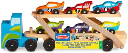 Melissa & Doug - Holz Autotransporter Set mit Kran und 6 Autos, Ideal für Kinder ab 3 Jahren