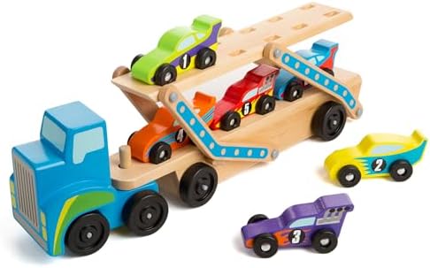 Melissa & Doug - Holz Autotransporter Set mit Kran und 6 Autos, Ideal für Kinder ab 3 Jahren