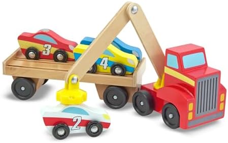 Melissa & Doug - Holz Autotransporter Set mit Kran und 6 Autos, Ideal für Kinder ab 3 Jahren