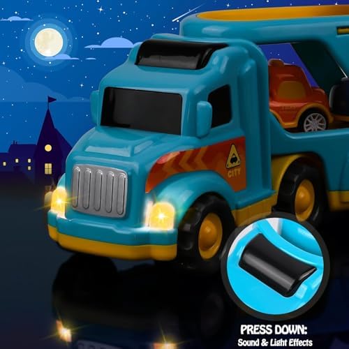 LKW Spielzeug Transporter für Kinder ab 3 Jahren – 5-in-1 Set mit Licht, Sound & 4 Mini Rennwagen für Fahrspaß unterwegs