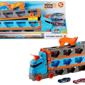 Hot Wheels - 2:1 Autorennbahn Transporter mit 3 Spielzeugautos, Doppelstarter & Weiche, ideal für Kinder ab 4 Jahren