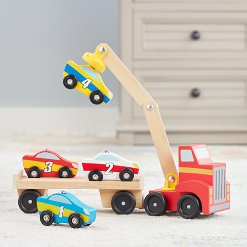 Melissa & Doug - Holz Autotransporter Set mit Kran und 6 Autos, Ideal für Kinder ab 3 Jahren