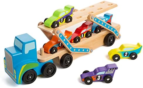 Melissa & Doug - Holz Autotransporter Set mit Kran und 6 Autos, Ideal für Kinder ab 3 Jahren