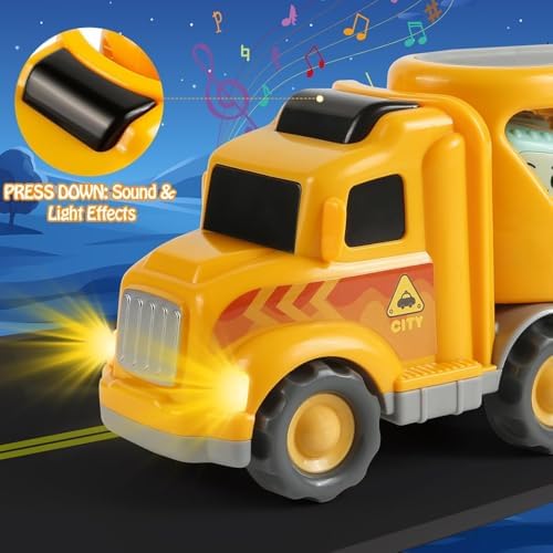 LKW Spielzeug Transporter für Kinder ab 3 Jahren – 5-in-1 Set mit Licht, Sound & 4 Mini Rennwagen für Fahrspaß unterwegs