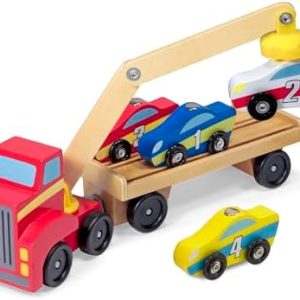 Melissa & Doug - Holz Autotransporter Set mit Kran und 6 Autos, Ideal für Kinder ab 3 Jahren