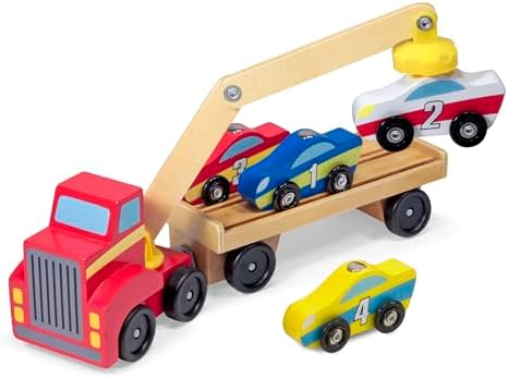 Melissa & Doug - Holz Autotransporter Set mit Kran und 6 Autos, Ideal für Kinder ab 3 Jahren
