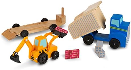 Melissa & Doug - Holz Autotransporter Set mit Kran und 6 Autos, Ideal für Kinder ab 3 Jahren