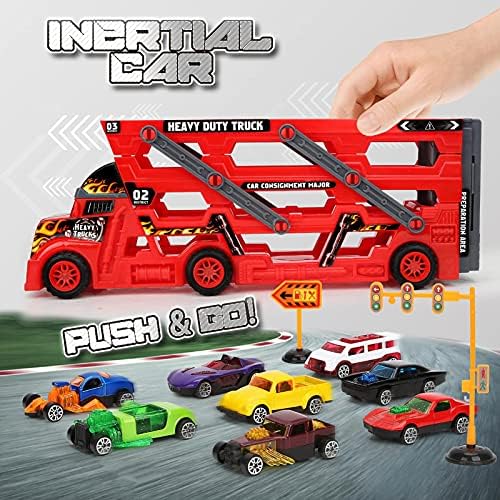 Roter Kinder LKW Spielzeug Transporter mit Mini Autos und Straßenschildern für Jungen ab 3 Jahren – Perfektes Geschenk!