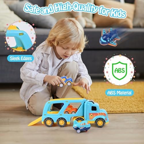 LKW Spielzeug Transporter für Kinder ab 3 Jahren – 5-in-1 Set mit Licht, Sound & 4 Mini Rennwagen für Fahrspaß unterwegs