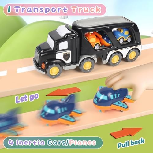 LKW Spielzeug Transporter für Kinder ab 3 Jahren – 5-in-1 Set mit Licht, Sound & 4 Mini Rennwagen für Fahrspaß unterwegs