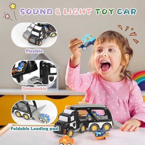 LKW Spielzeug Transporter für Kinder ab 3 Jahren – 5-in-1 Set mit Licht, Sound & 4 Mini Rennwagen für Fahrspaß unterwegs