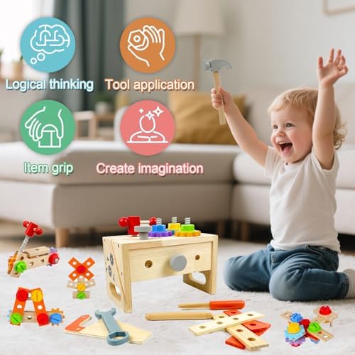 Montessori Werkzeugkoffer aus Holz für Kinder ab 2-5 Jahren – 29 Teile für Feinmotorik & Kreativität, ideales Geburtstag