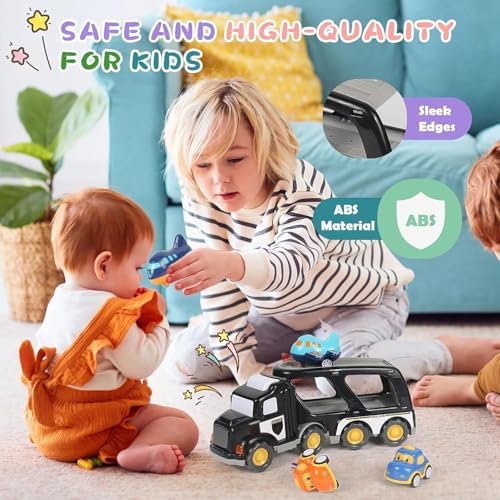 LKW Spielzeug Transporter für Kinder ab 3 Jahren – 5-in-1 Set mit Licht, Sound & 4 Mini Rennwagen für Fahrspaß unterwegs