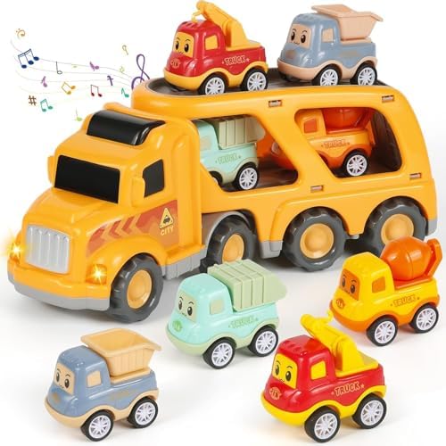 LKW Spielzeug Transporter für Kinder ab 3 Jahren – 5-in-1 Set mit Licht, Sound & 4 Mini Rennwagen für Fahrspaß unterwegs