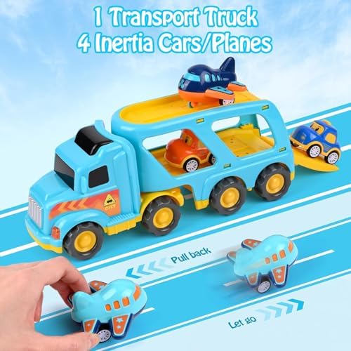 LKW Spielzeug Transporter für Kinder ab 3 Jahren – 5-in-1 Set mit Licht, Sound & 4 Mini Rennwagen für Fahrspaß unterwegs