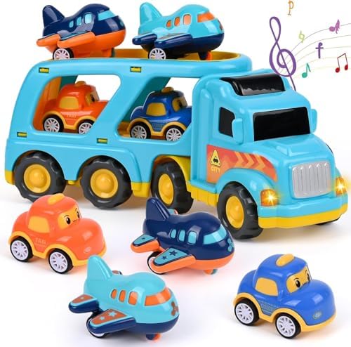 LKW Spielzeug Transporter für Kinder ab 3 Jahren – 5-in-1 Set mit Licht, Sound & 4 Mini Rennwagen für Fahrspaß unterwegs