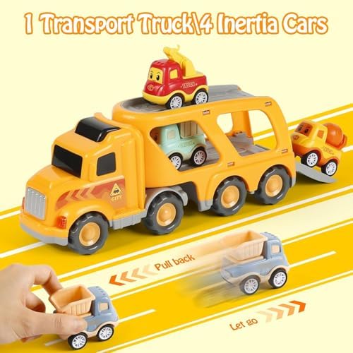 LKW Spielzeug Transporter für Kinder ab 3 Jahren – 5-in-1 Set mit Licht, Sound & 4 Mini Rennwagen für Fahrspaß unterwegs