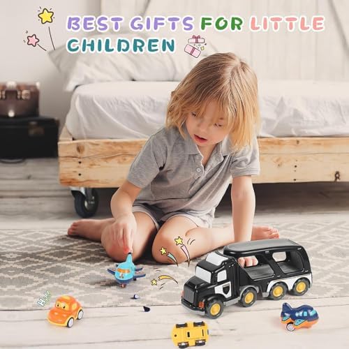 LKW Spielzeug Transporter für Kinder ab 3 Jahren – 5-in-1 Set mit Licht, Sound & 4 Mini Rennwagen für Fahrspaß unterwegs