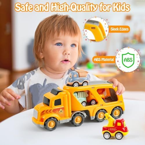 LKW Spielzeug Transporter für Kinder ab 3 Jahren – 5-in-1 Set mit Licht, Sound & 4 Mini Rennwagen für Fahrspaß unterwegs