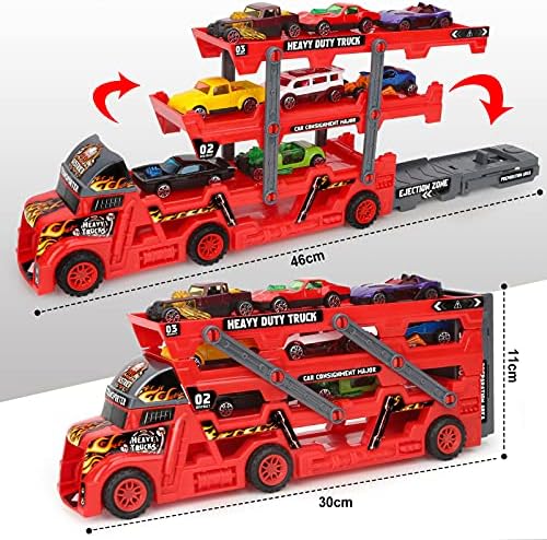 Roter Kinder LKW Spielzeug Transporter mit Mini Autos und Straßenschildern für Jungen ab 3 Jahren – Perfektes Geschenk!