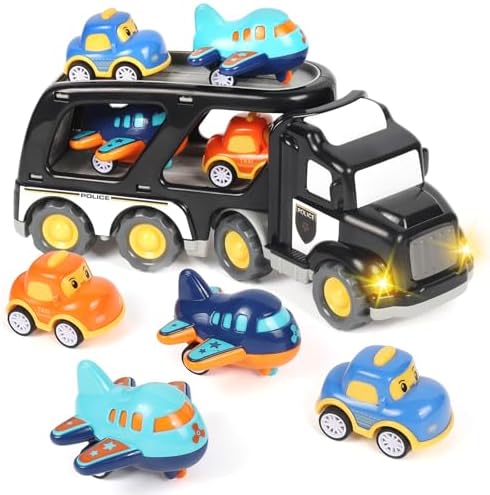 LKW Spielzeug Transporter für Kinder ab 3 Jahren – 5-in-1 Set mit Licht, Sound & 4 Mini Rennwagen für Fahrspaß unterwegs