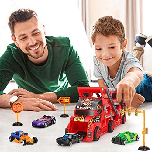 Roter Kinder LKW Spielzeug Transporter mit Mini Autos und Straßenschildern für Jungen ab 3 Jahren – Perfektes Geschenk!