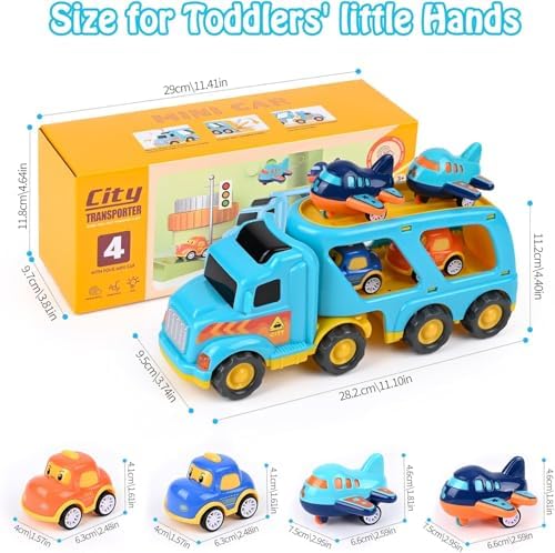 LKW Spielzeug Transporter für Kinder ab 3 Jahren – 5-in-1 Set mit Licht, Sound & 4 Mini Rennwagen für Fahrspaß unterwegs