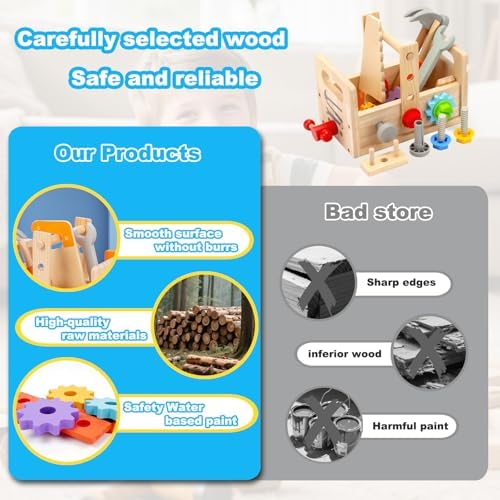 Montessori Werkzeugkoffer aus Holz für Kinder ab 2-5 Jahren – 29 Teile für Feinmotorik & Kreativität, ideales Geburtstag