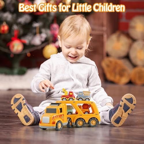 LKW Spielzeug Transporter für Kinder ab 3 Jahren – 5-in-1 Set mit Licht, Sound & 4 Mini Rennwagen für Fahrspaß unterwegs