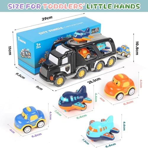 LKW Spielzeug Transporter für Kinder ab 3 Jahren – 5-in-1 Set mit Licht, Sound & 4 Mini Rennwagen für Fahrspaß unterwegs