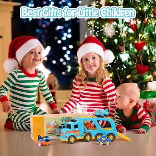 LKW Spielzeug Transporter für Kinder ab 3 Jahren – 5-in-1 Set mit Licht, Sound & 4 Mini Rennwagen für Fahrspaß unterwegs
