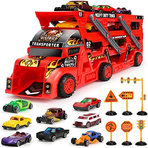 Roter Kinder LKW Spielzeug Transporter mit Mini Autos und Straßenschildern für Jungen ab 3 Jahren – Perfektes Geschenk!