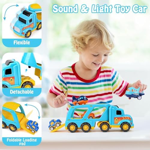 LKW Spielzeug Transporter für Kinder ab 3 Jahren – 5-in-1 Set mit Licht, Sound & 4 Mini Rennwagen für Fahrspaß unterwegs