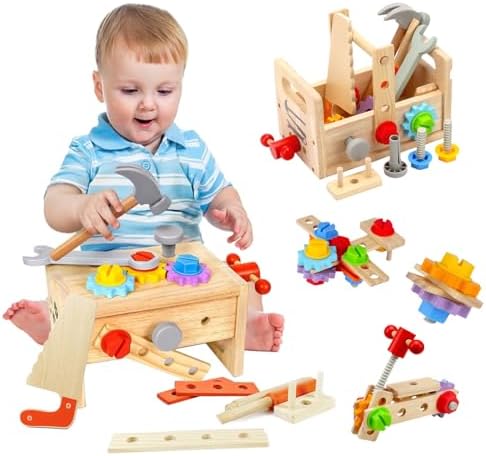 Montessori Werkzeugkoffer aus Holz für Kinder ab 2-5 Jahren – 29 Teile für Feinmotorik & Kreativität, ideales Geburtstag