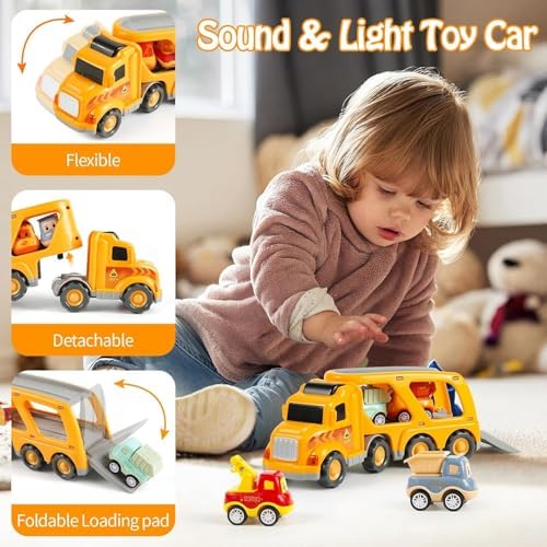 LKW Spielzeug Transporter für Kinder ab 3 Jahren – 5-in-1 Set mit Licht, Sound & 4 Mini Rennwagen für Fahrspaß unterwegs