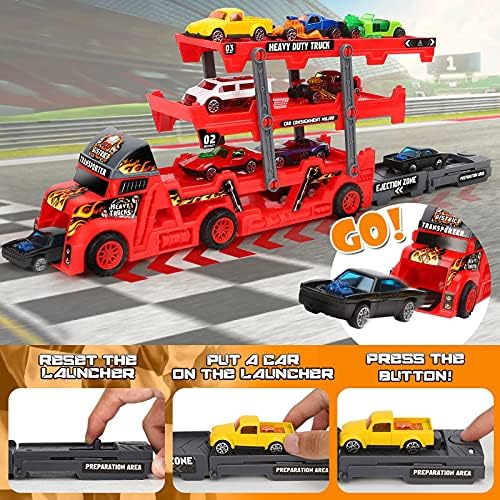 Roter Kinder LKW Spielzeug Transporter mit Mini Autos und Straßenschildern für Jungen ab 3 Jahren – Perfektes Geschenk!