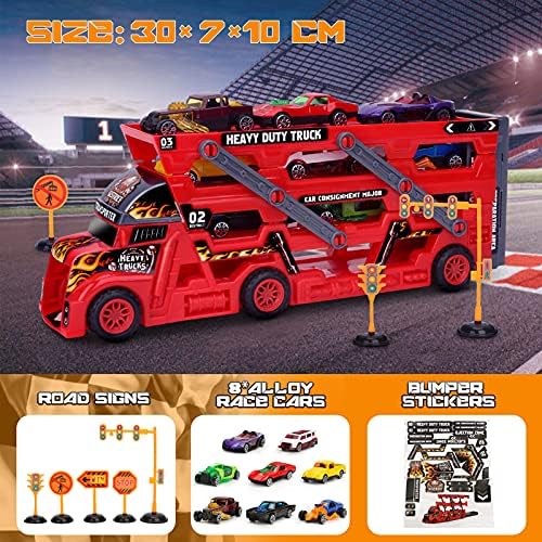 Roter Kinder LKW Spielzeug Transporter mit Mini Autos und Straßenschildern für Jungen ab 3 Jahren – Perfektes Geschenk!